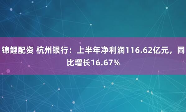 锦鲤配资 杭州银行：上半年净利润116.62亿元，同比增长16.67%